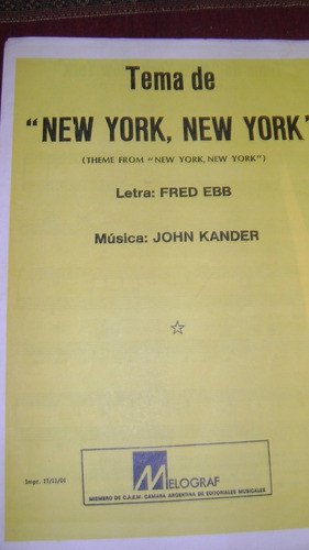 Partitura Piano New York, New York Fred Eb John Kander 10.18 0