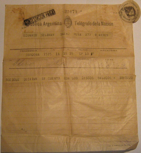 Antiguo (año 1935) Telegrama Correo Argentino 0