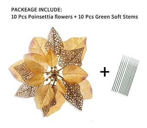 Set De 10 Flores Decorativas P/arbol De Navidad - Dorado 1