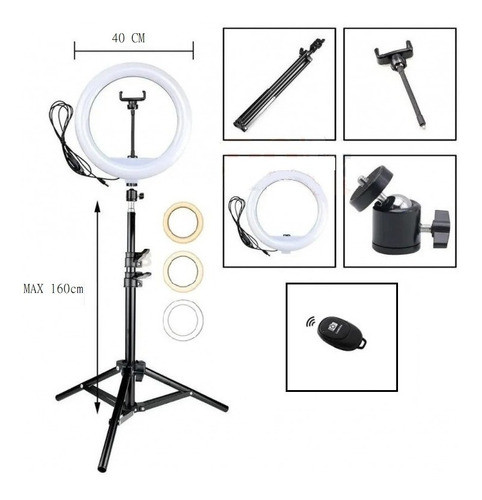 Aro Anillo Luz Led 40 Cmt Trípode Cel+boton Bluetooth 3luces 1