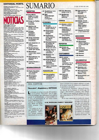 Revista Noticias #756 1991 Roux Cris Morena Pablo Escobar 1