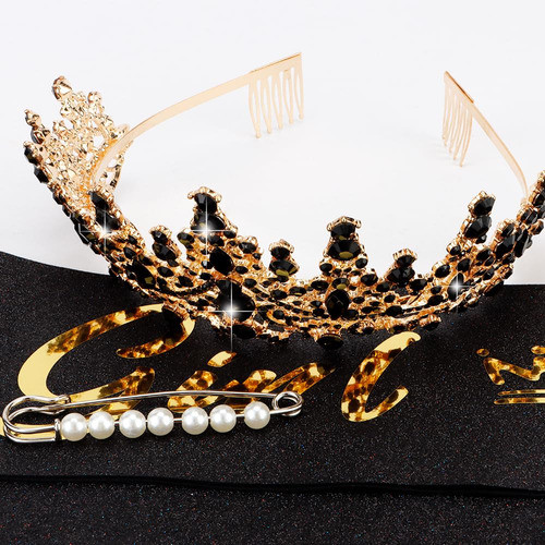 Corona Tiara Novia Quincealñera Cristales Negro Dorado 1