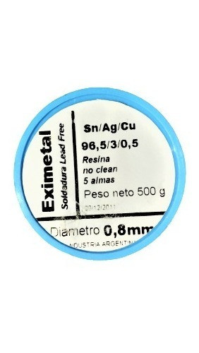 Estaño Sin Plomo Eximetal 0,8mm Sn.96,5 Ag.3 Cu.0,5 500grs. 0