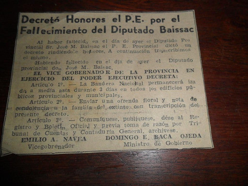 Decreto Honores Pe Fallecimiento Diputado Baissac Jujuy 1953 0