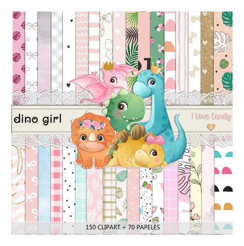 Kit Digital Papeles + Clipart Dinos Bebes Nena 0