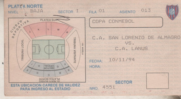 Antigua Entrada - Copa Conmebol - San Lorenzo Vs Lanus 1994 0 Antigua Entrada - Copa Conmebol - San Lorenzo Vs Lanus 1994 0