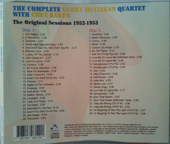 Cd Doble  The Complete G. Mulligan Quartet With Ch. Baker 1