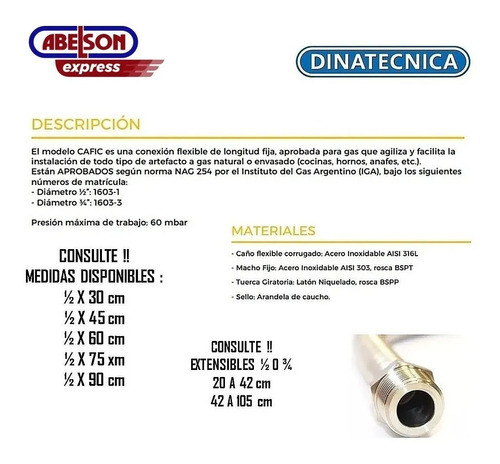 Flexible 1/2 X 60 Cm Gas Aprobado Dinatecnica 1