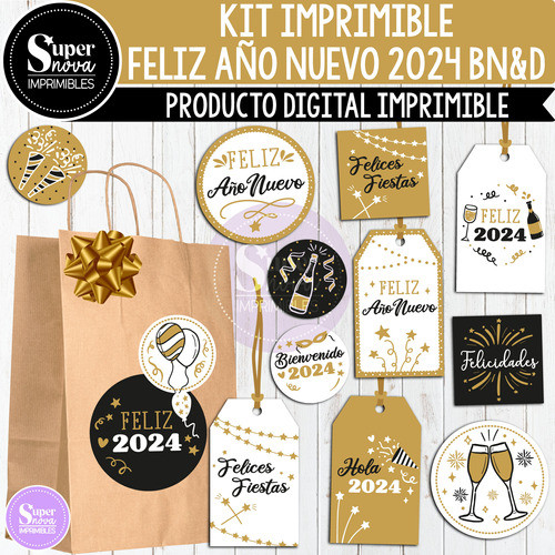 Kit Imprimible Feliz Año Nuevo Tags Etiquetas Tarjetas B N D 0