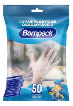 Luva Plástica Bompack Transparente Descartável 50 Unidades 0