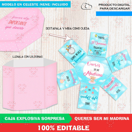 Kit Imprimible Caja Explosiva Madrina Bautismo Bebe Editable 1