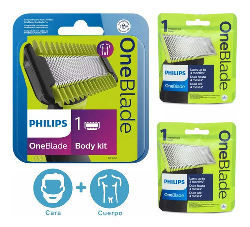 Kit Repuesto Philips Oneblade Cara + Cuerpo Dura 12 Meses!!! 0