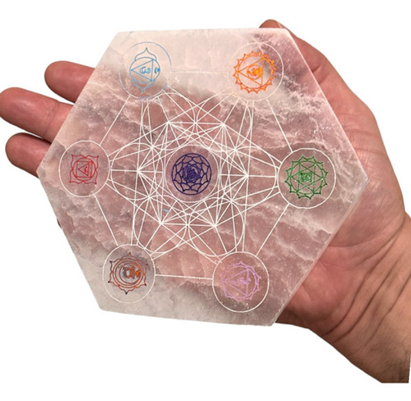 Placa Selenita Hexagonal Grande Metatron Com Chakras 14cm 1