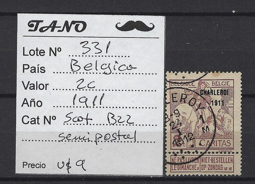 Lote331 Bélgica 2 Cent Año 1911 Scott#b22 Semipostal 1