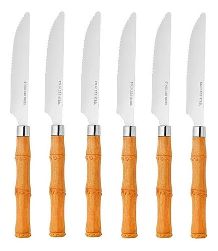 Jogo 6 Facas De Mesa Talher Cabo Bambu Aço Inox Class Home 0