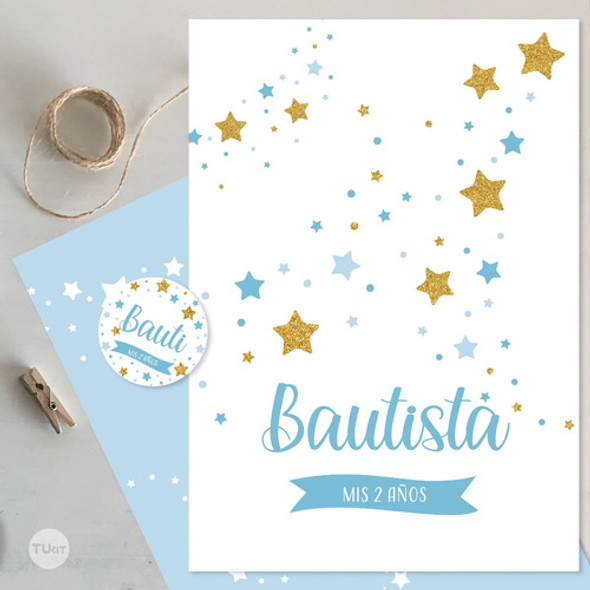Kit Imprimible Estrellas Glitter Dorado Blanco Celeste Candy 1