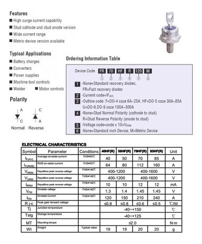10 Diodos Rectificador 50a 200v Anodo/rosca M8x1.25 50hfr020 1