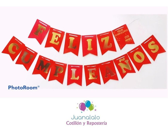 Banderin Rojo Letras Doradas Feliz Cumpleaños Cotillon Deco 1