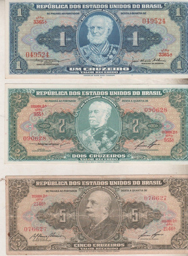 3 Billetes Brasil * Cruzeiros 1-2-5 - Valor Recebido Años 70 0