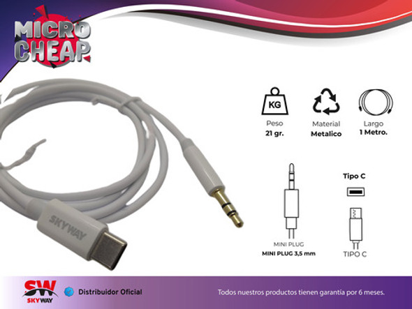 Cable Adaptador Tipo C A Mini Plug Aux Macho 3.5mm Skyway 1