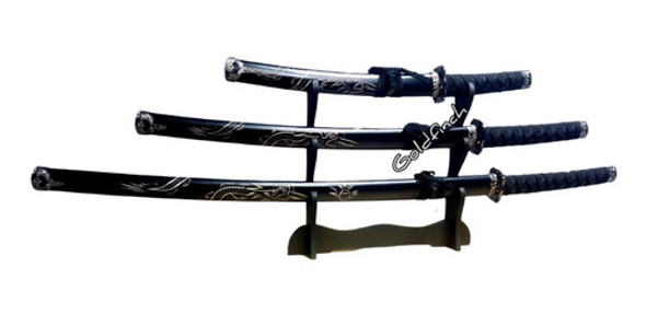 Set Triple Katana Juego X3 Con Soporte Atril Sin Filo Negra 1