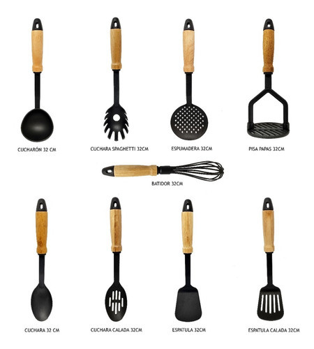 Utensilios Cocina Linea Tk Mango Madera  Nylon Juego 9 Pzas 1