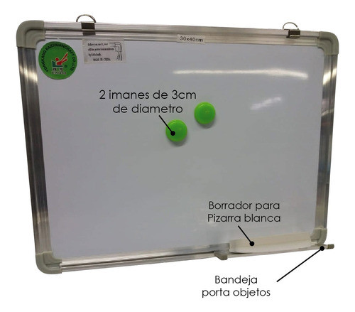Pizarra Bca 30x40 Magnetica + Borrador + 2 Imanes 3cm Diamet 0