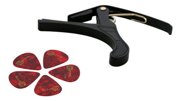 Kit Capotraste Braçadeira P/ Violão Guit Preto + 5 Palhetas 1