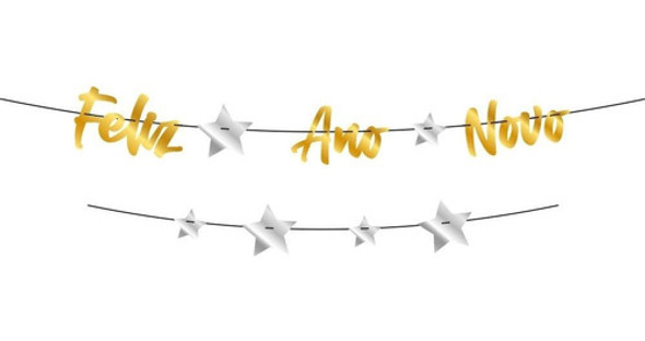 Faixa Decorativa Dourada Feliz Ano Novo Com Estrelas Pratas 0