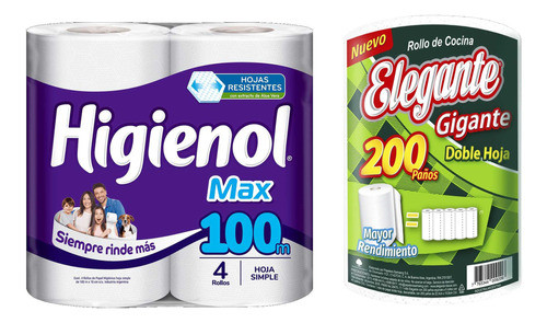 Papel Higienol 100 + Rollo De Cocina Elegante 200 - Bolsones 0
