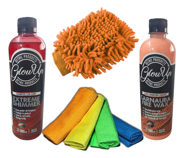 Kit Lavado Limpieza Auto Moto Glow Up 500 Ml Shampo Cera 0