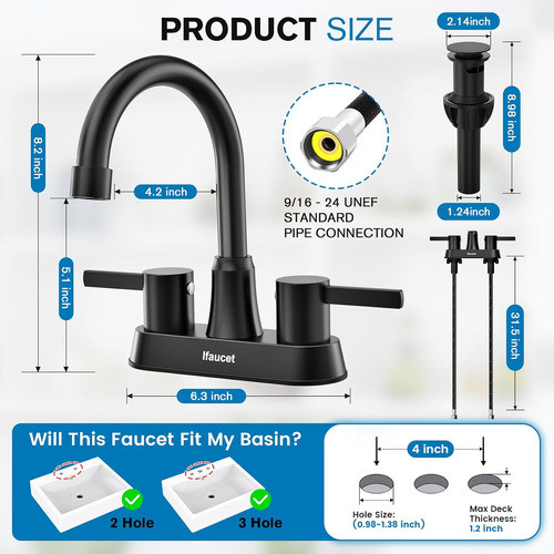 Canilla Baño 3 Agujeros Con Desague Click Clack Negro Mate 1