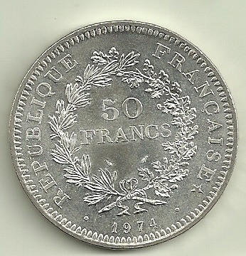 Moneda Francia 50 Francos Plata Año 1974 Tamaño Grande Nueva 0