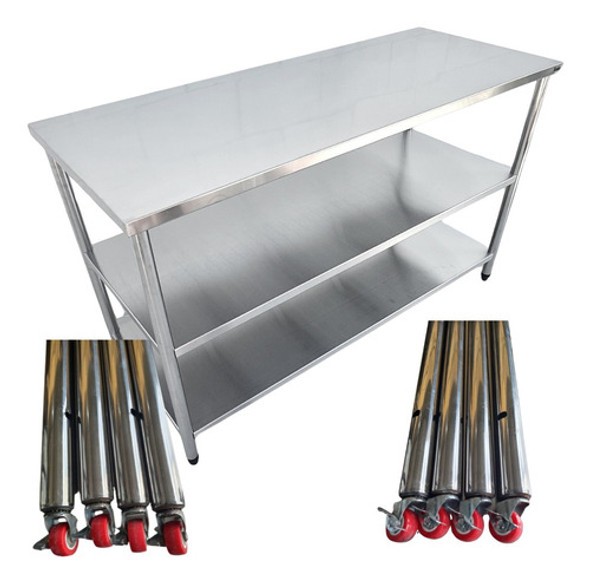 Bancada Inox Rodinhas 80x50 Mesa Com Rodizio 2 Prateleiras 0