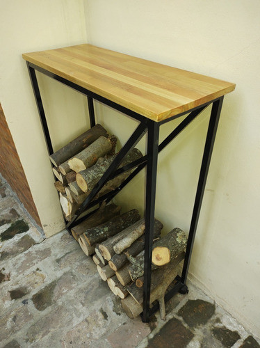 Leñero Mesa Bar Movible Interior/exterior Madera Dura Hierro 1