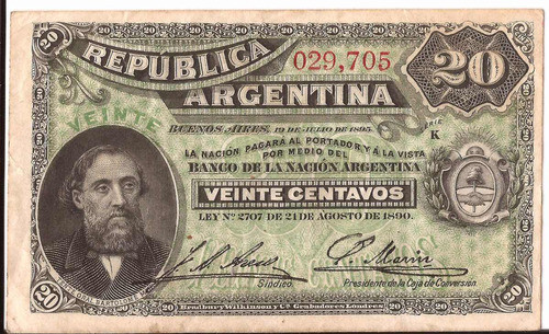 Argentina Billete 20 Ctvs. Julio De 1895. Serie K Impecable 0
