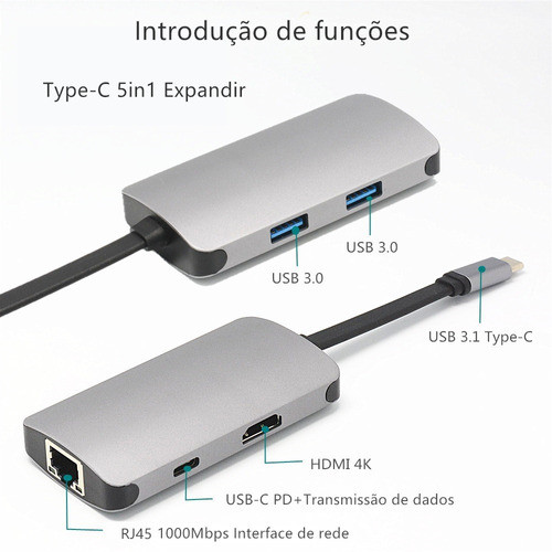 Adaptador Usb C Para Hdmi 4k, Hub Usb 3.0, Rj45, 5 Em 1 905 1