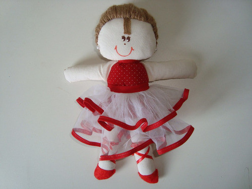 Boneca Pano Tecido Artesanal Bailarina Vermelha Bolinhas P 1