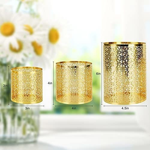 3 Portavelas Komoyotoo De Metal Dorado Engravado Cuadrado 1