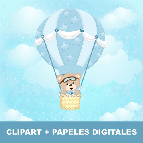 Kit Osito Aviador Globo Aerostático Clipart + Papel Digital 1