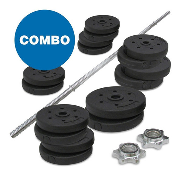 Kit Barra Recta + 30 Kilos En Pesas Discos - Combo Gym 1