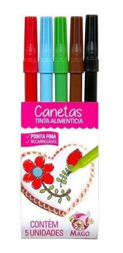 Canetinha Tinta Alimentícia 5 Cores Ponta Fina Mago 1