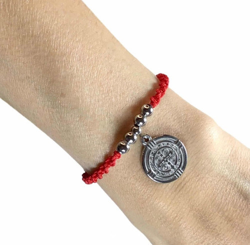 Pulsera Roja Con Medalla De San Benito. Protección. Acero 0