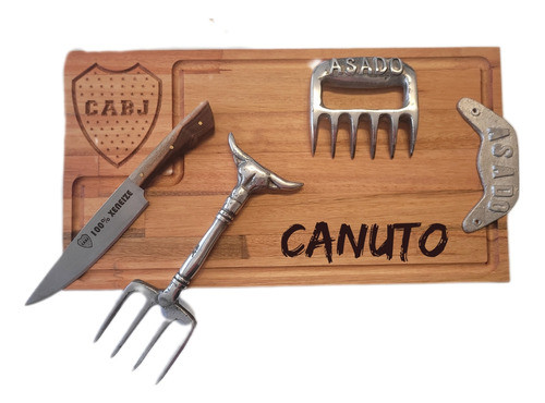 Kit Parrillero Tabla Asado Madera Xeneize Garra Oso Souvenir 0