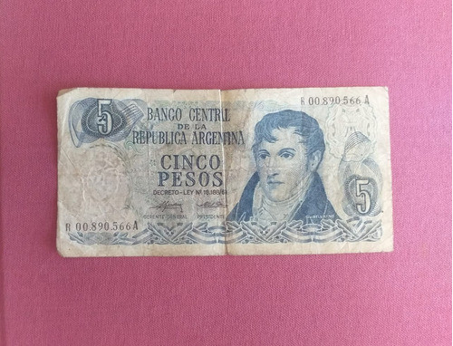 Billete Argentina 5 Pesos Decreto Ley 18.188/69 Reposición 0