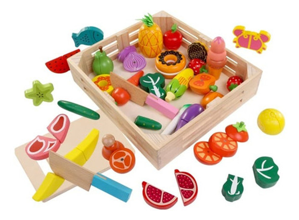Juego De Frutas Y Alimentos De Madera Para Cortar 30 Piezas 0