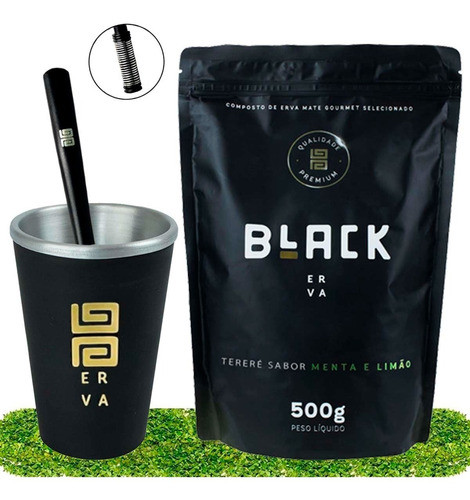 Kit Tereré Cuia Térmica Black Erva E Bomba Mola Externa Inox 0