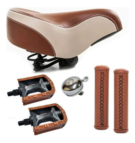 Kit Bicicleta Retrô Vintage Selim Molas Pedal Manopla Couro 0