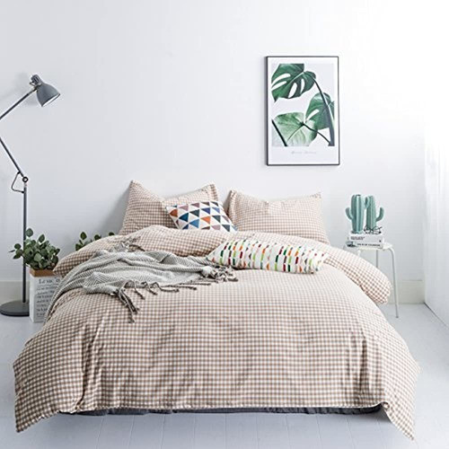 ~ ? Susybao Tan Gingham Duvet Cover Queen 100% Algodón Lavad 0