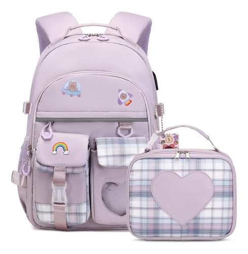 Kit Escolar - Mochila Y Lunchera Acesak Kawaii Lila 0